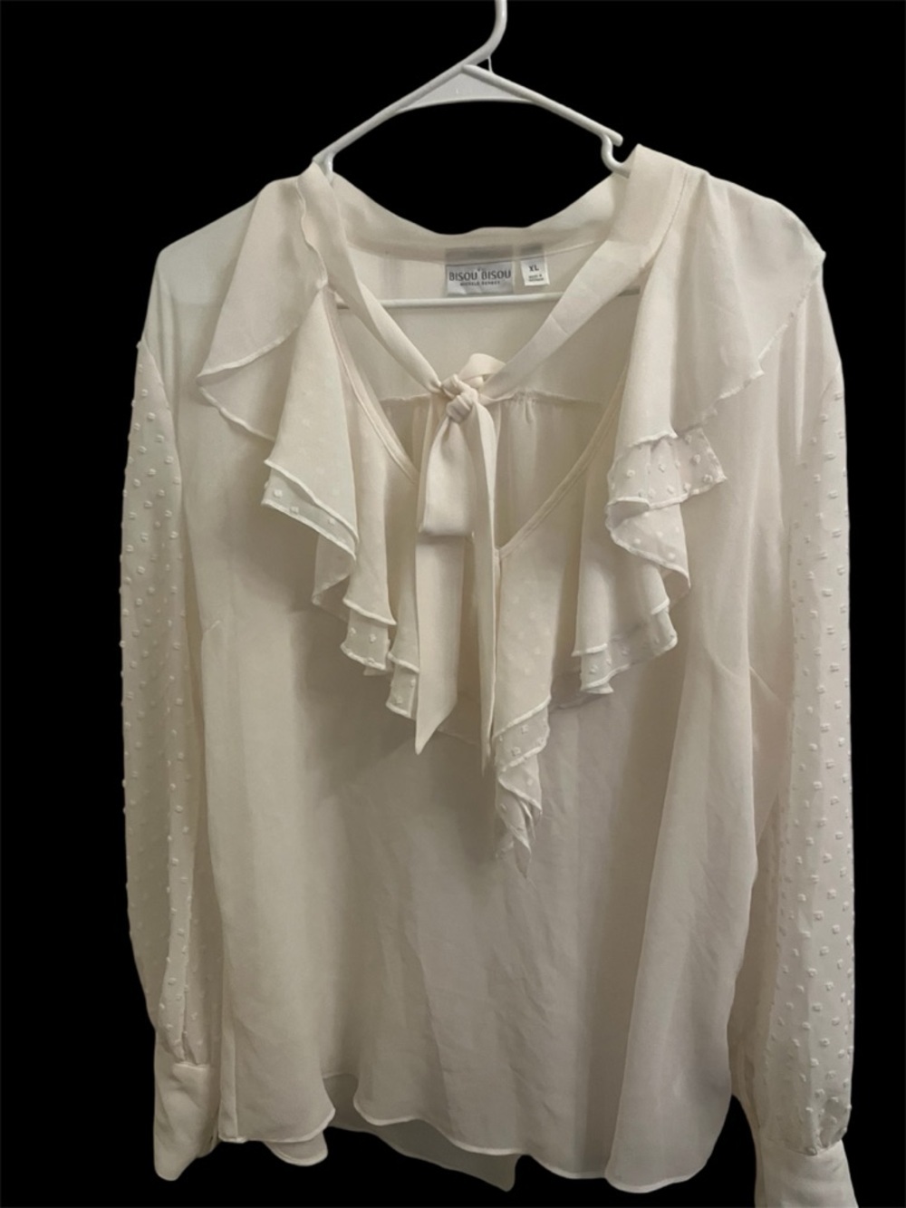 Bisou Bisou Cream Ruffle Tie-Neck Blouse